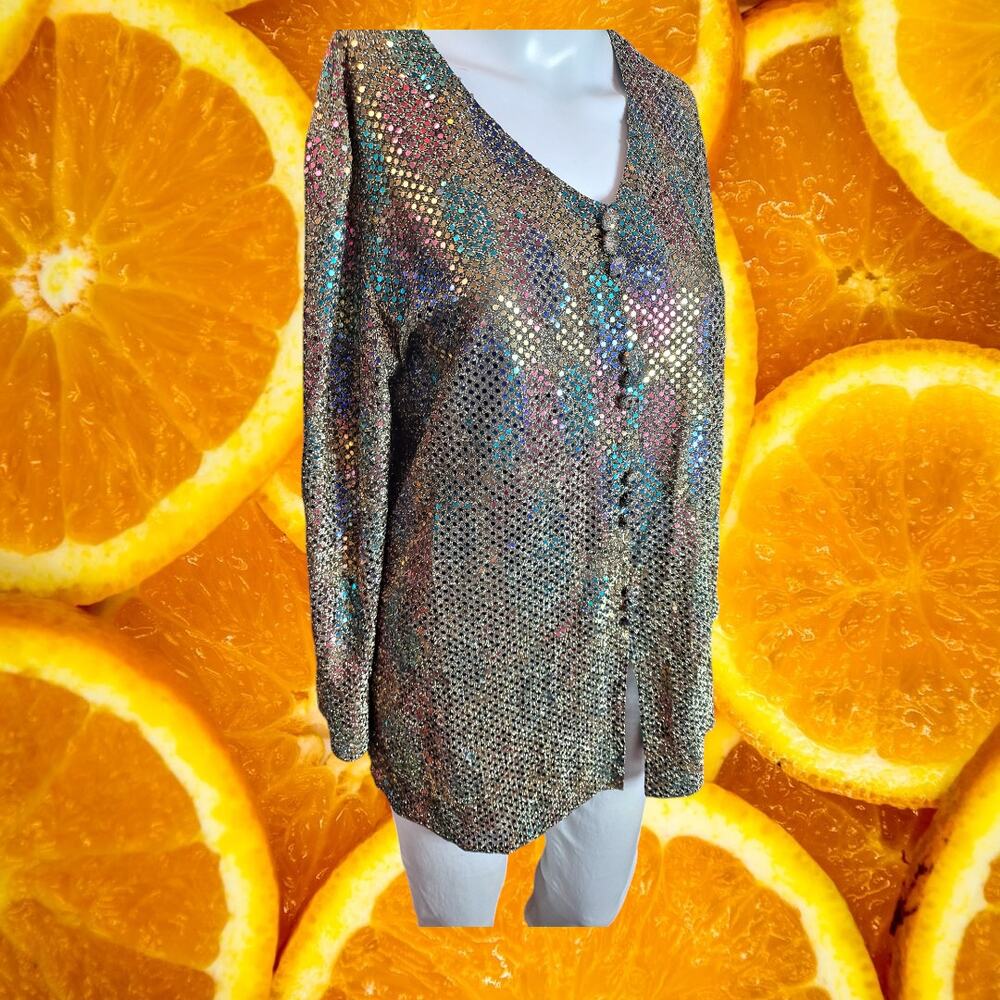 Dressy Betsy Women's Vintage‎ Multicolored Metallic Sequined Button Down Blouse